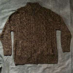 Men’s marled brown cable knit cardigan sweater with pockets M